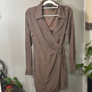 Very J Taupe Long Sleeve Wrap Dress